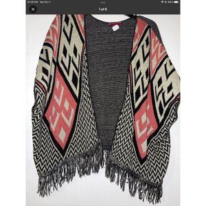 Demanding by Say What Fringe Cardigan Sweater Tan Black & Coral Size OSFM